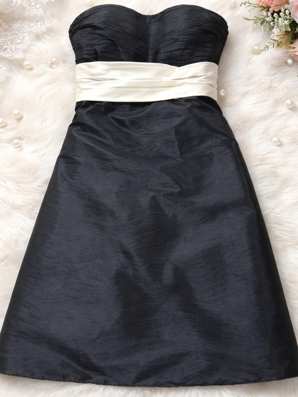 Bill Levkoff Black Strapless Dress with Ivory Waist Sash